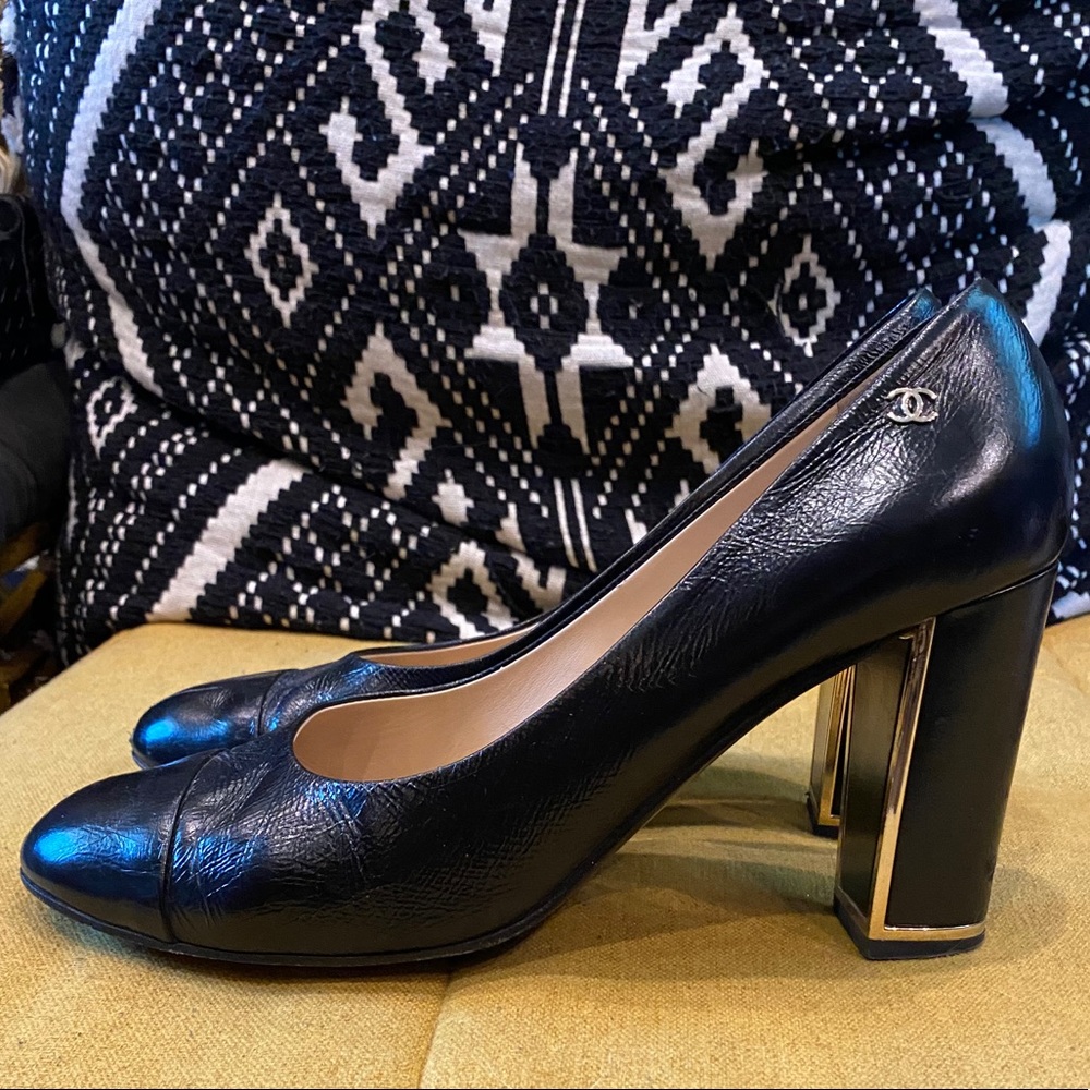 Chanel Heels Black and Gold accent